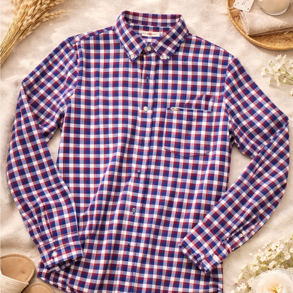 Hollister Men’s Button Down Shirt XL Plaid Red Blue Long Sleeve EUC